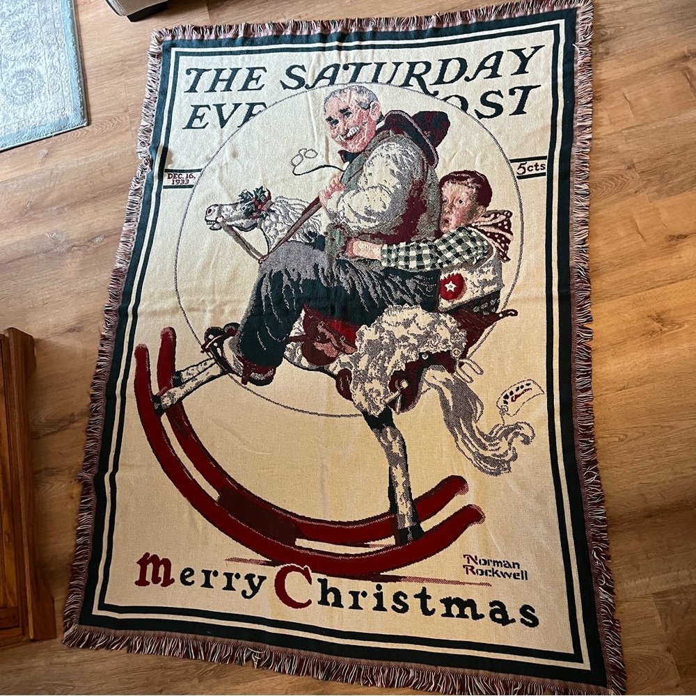 Vintage Goodwin Weavers Norman Rockwell Rocking Horse Christmas Throw.